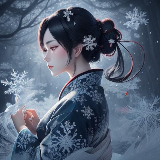 Mystical Forest: Anime Snowflake Art in Ukiyo-e Style