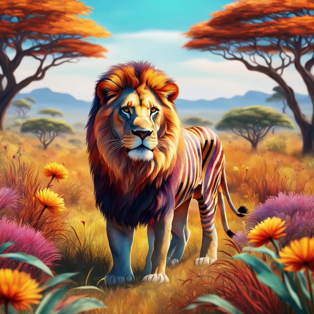 Surreal Striped Lion Roams Whimsical Savanna