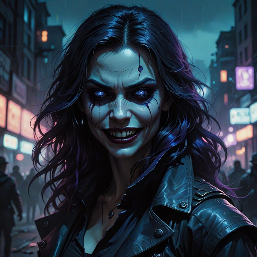 Ethereal Vampire in Shadowy Urban Landscape