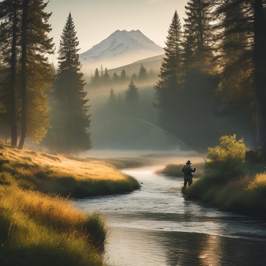 Misty Dawn: Fly Fishing in Serene Landscape