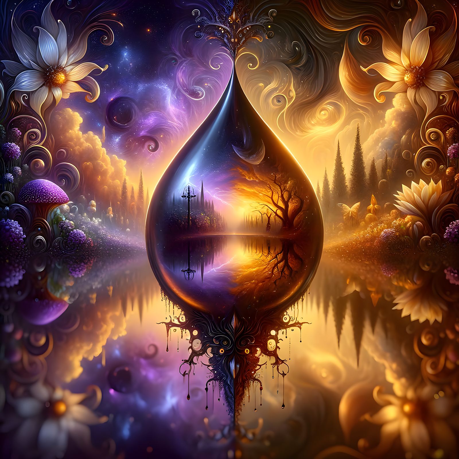 Ethereal Fairytale Scene Reflected in a Single Raindrop