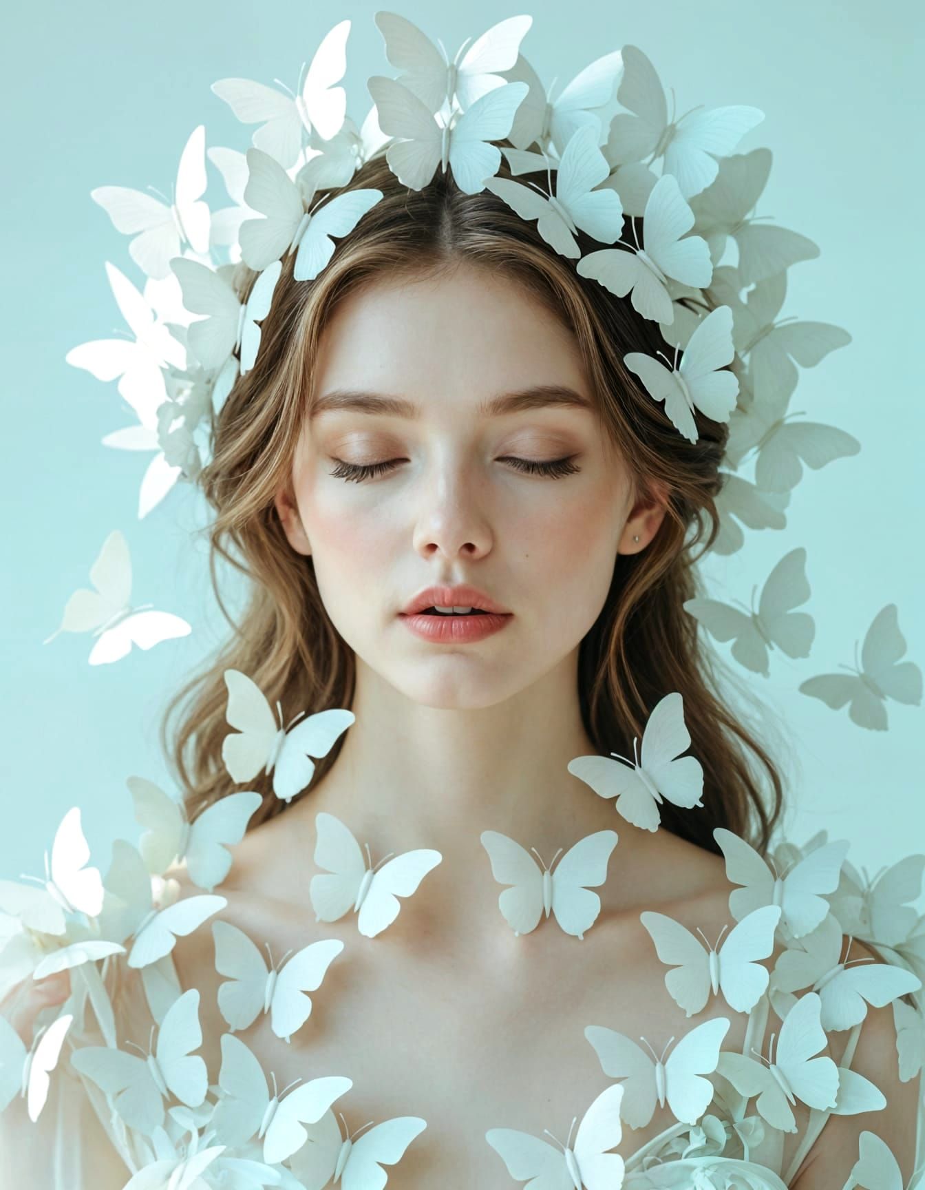 Ethereal Woman Adorned with White Butterflies