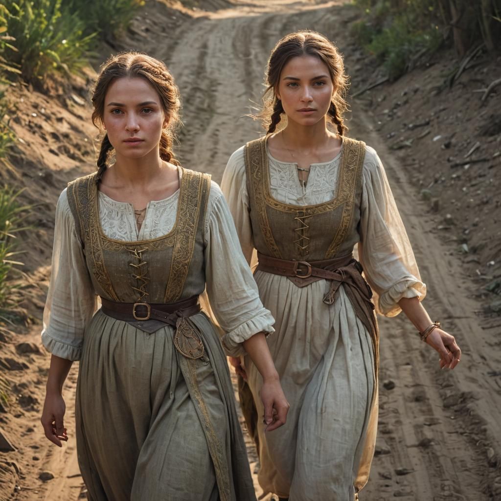 Medieval Peasant Women Holding Hands: Fantasy Art