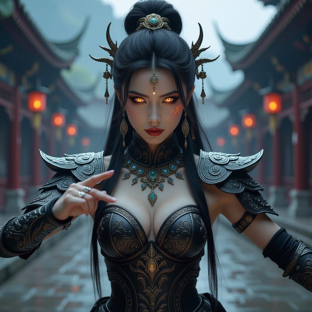 Goddess Warrior with Phoenix Fire in Ornate Style