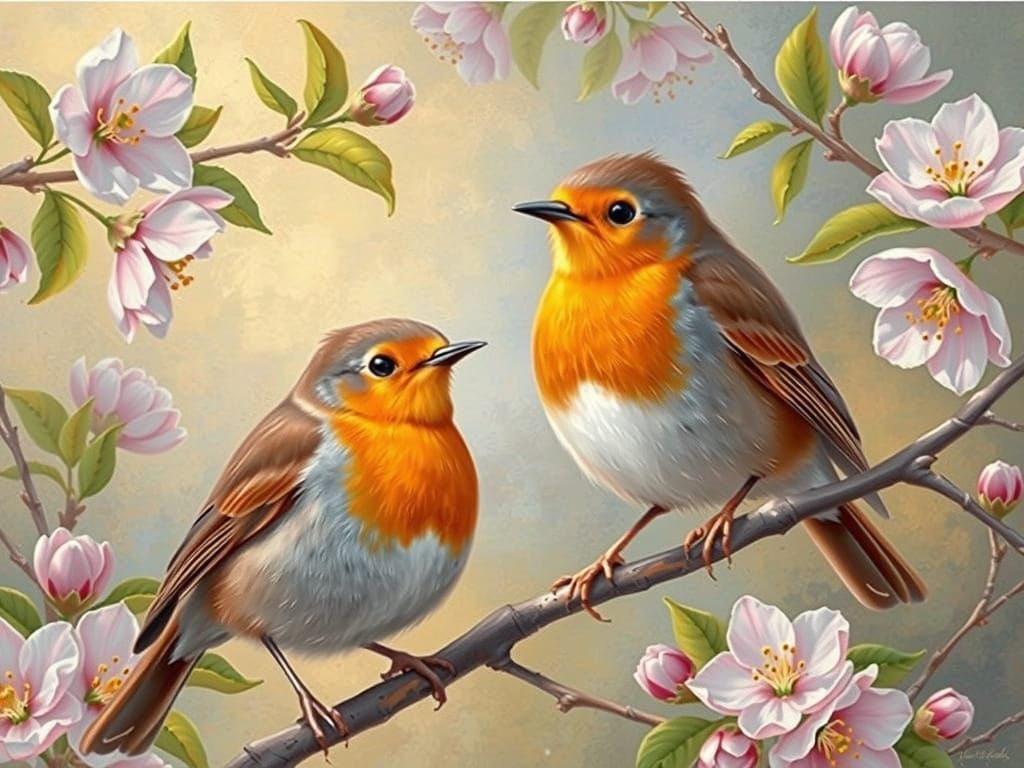Robins in Spring, Wildlife Art