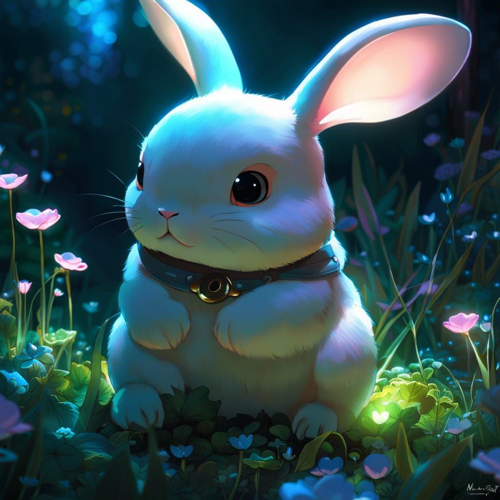Adorable Rabbit Cub in Bioluminescent Garden