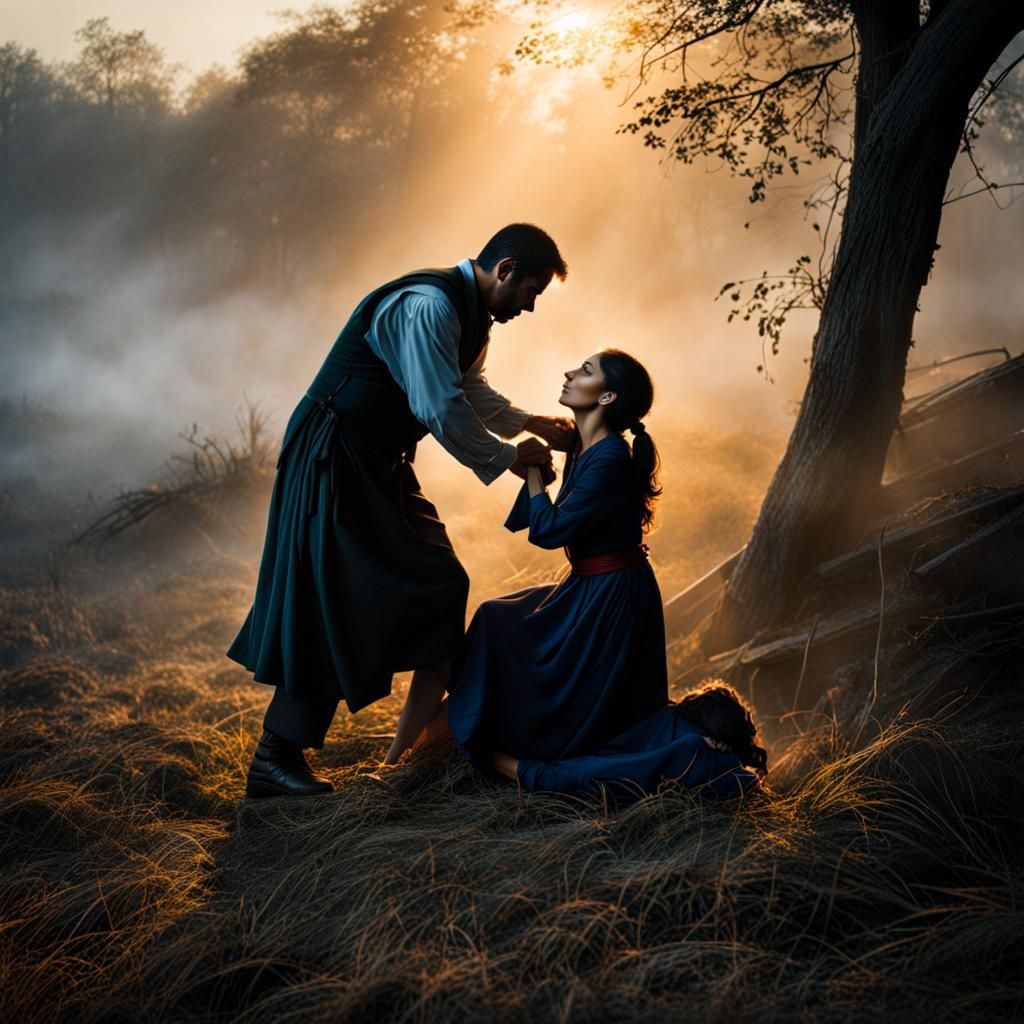 Biblical Scene: Man Helping Injured Woman