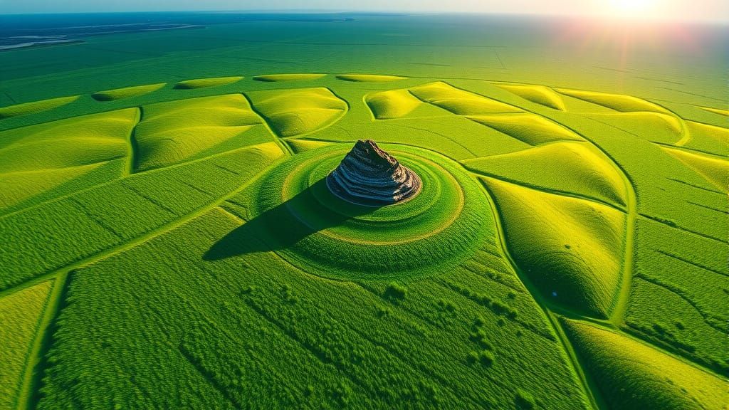 Vast Green Plain with Solitary Rock Formation
