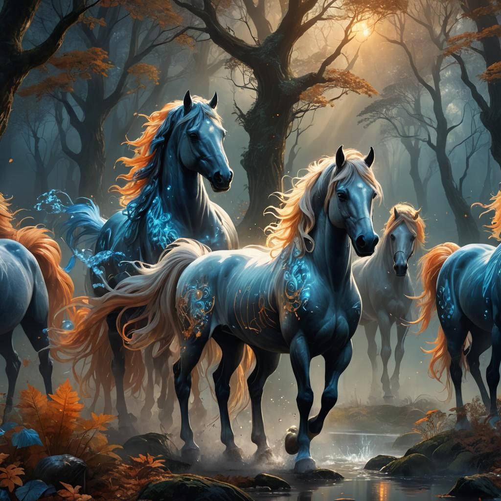 Ethereal Horses in Mystical Forest: Fantasy Concept Art