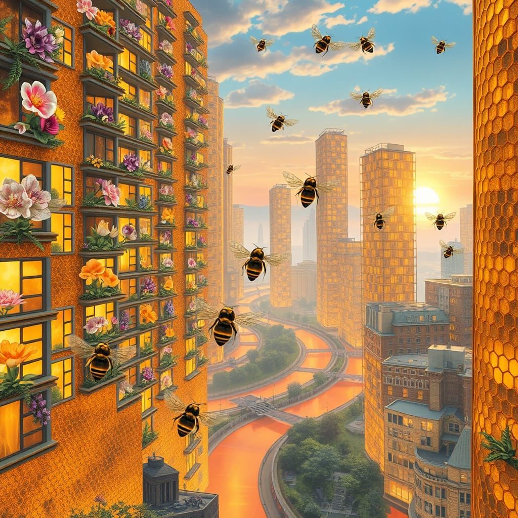 Surreal Cityscape with Iridescent Bees and Honeycomb Archite...