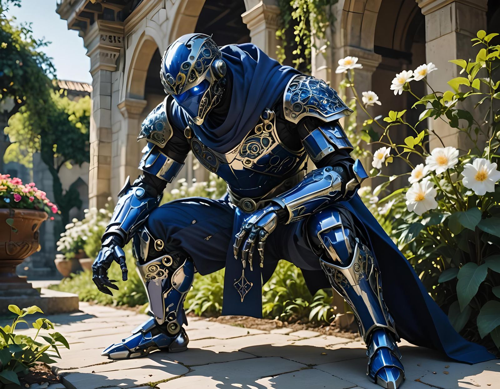 Sapphire Robot Ninja Crouching in Sci-Fi Setting