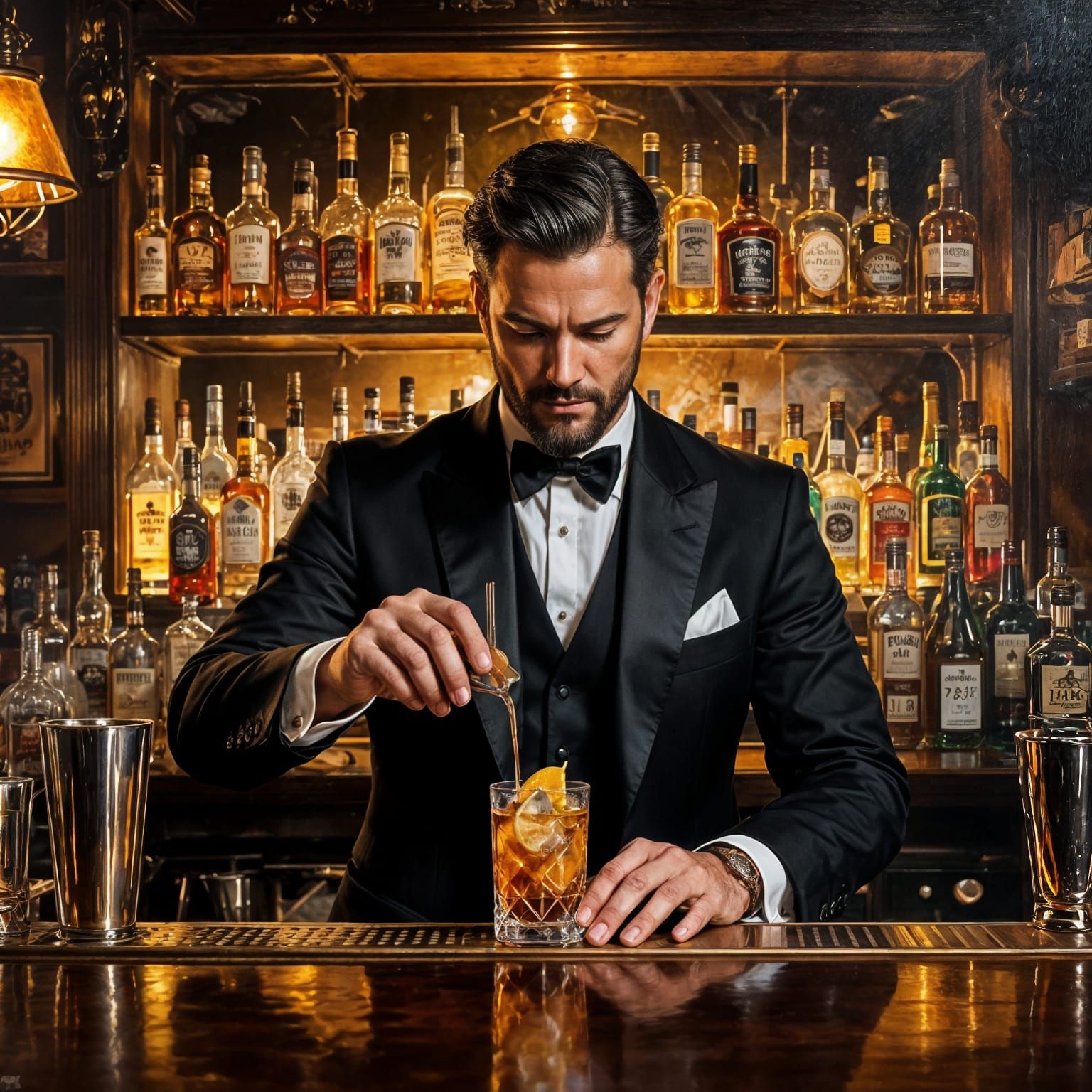 Bartender Mixing Cocktail in Speakeasy Oil Painting