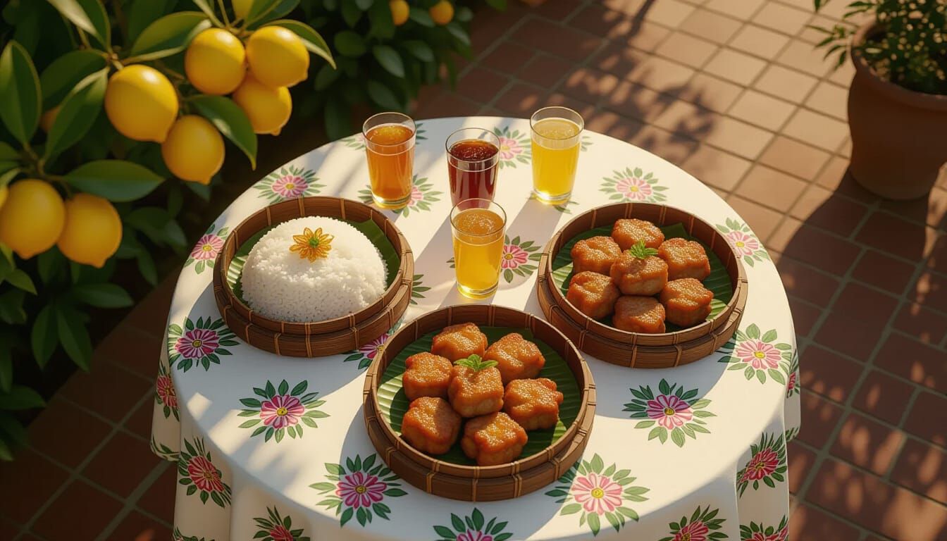 Hyperrealistic Fried Pork & Sticky Rice on Victorian Table