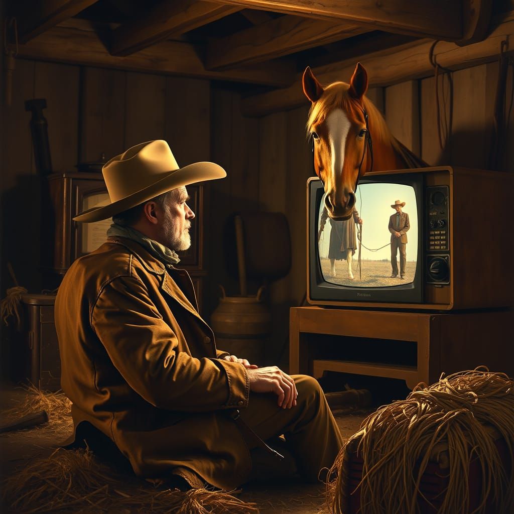 Cowboy and Horse Watching TV in Barn