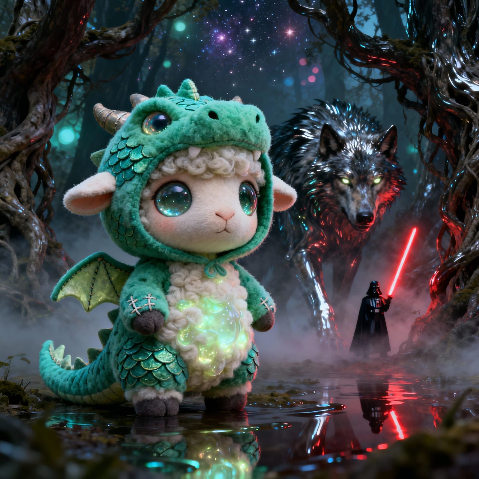 Cute Sheep in Dragon Costume Meets Darth Vader in Surreal Fo...