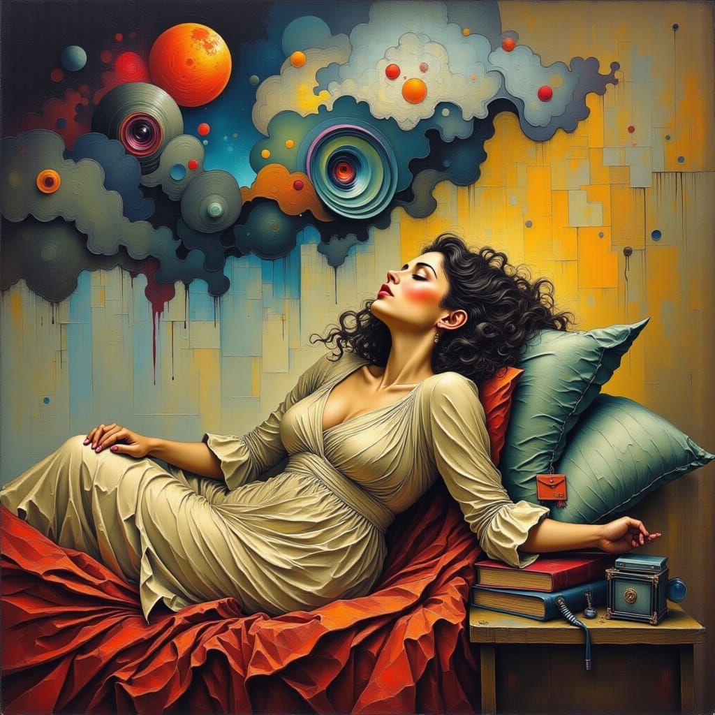 Surreal Dream of Sleeping Woman in Thought Bubble