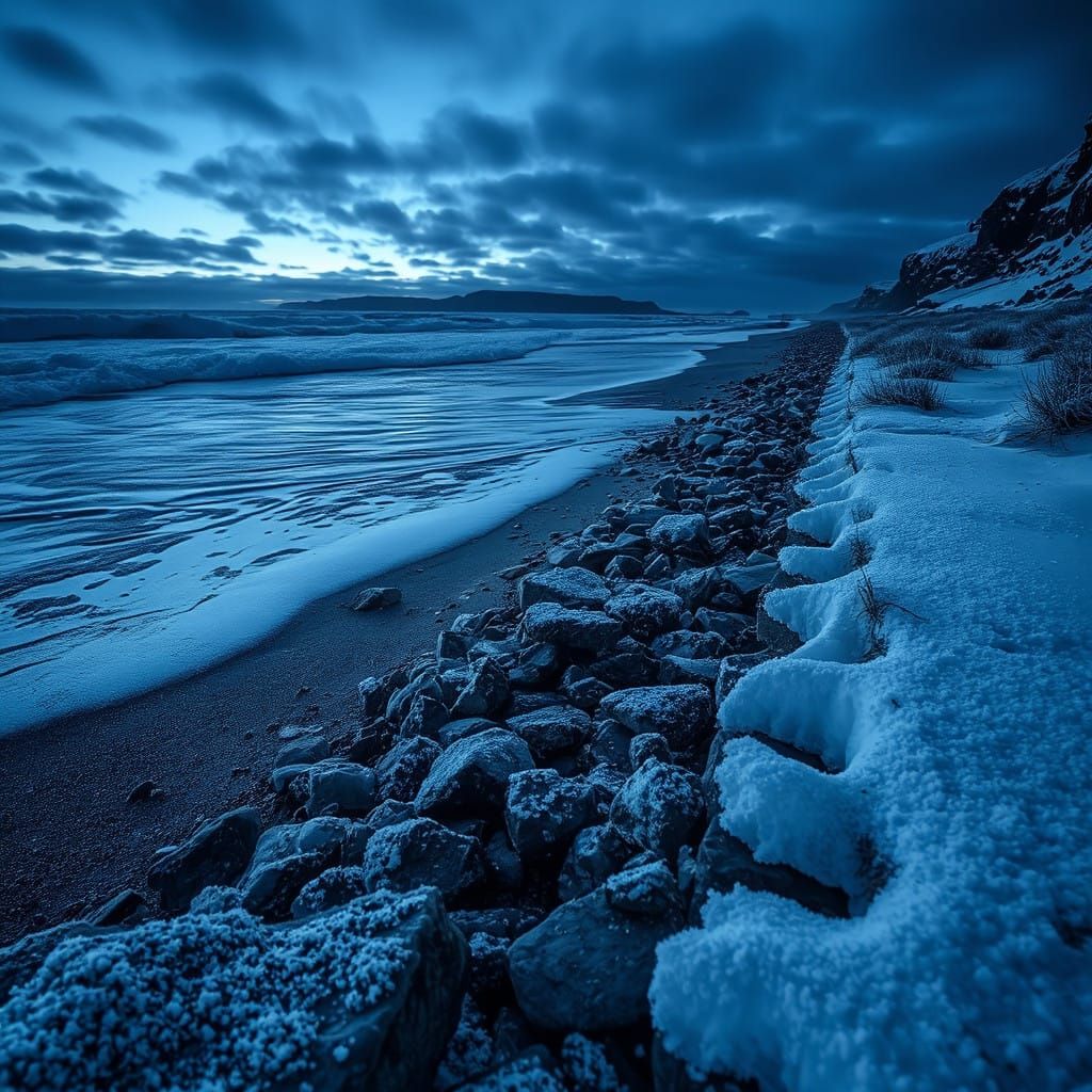 Twilight Snowy Beachscape in Dark Cinematic Style