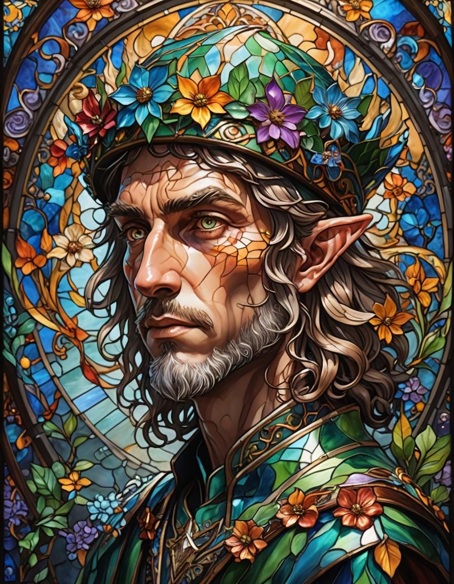 Elf Man Stained Glass with Iridescent Details