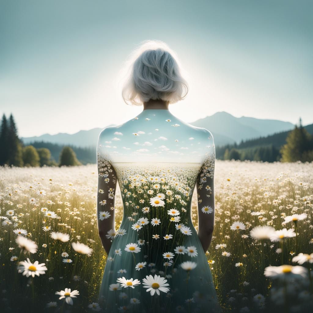 Double Exposure: Woman and Daisies in Volumetric Lighting