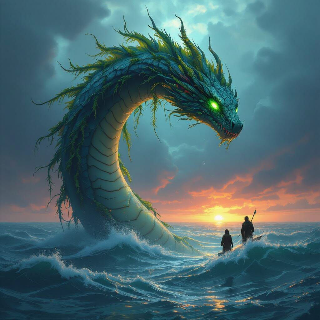 Bioluminescent Sea Serpent Guides Sailors: Matte Painting St...
