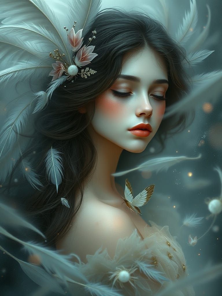 Ethereal Dream Woman in Whimsical Folk Art Style