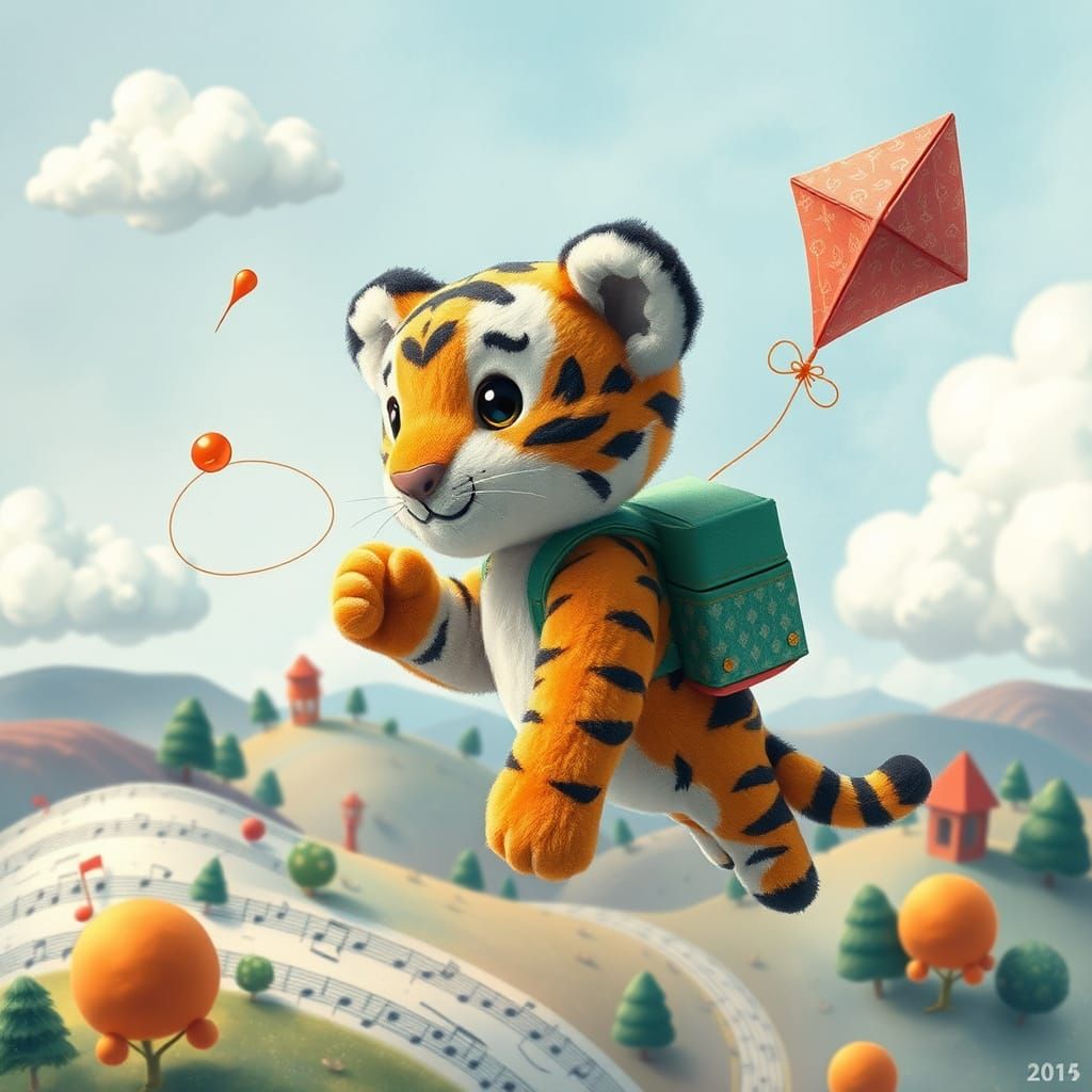 Whimsical Tiger Cub Soars on a Musical Kite