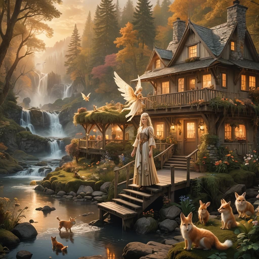Enchanting Cottage Scene with Angel and Forest Fairies