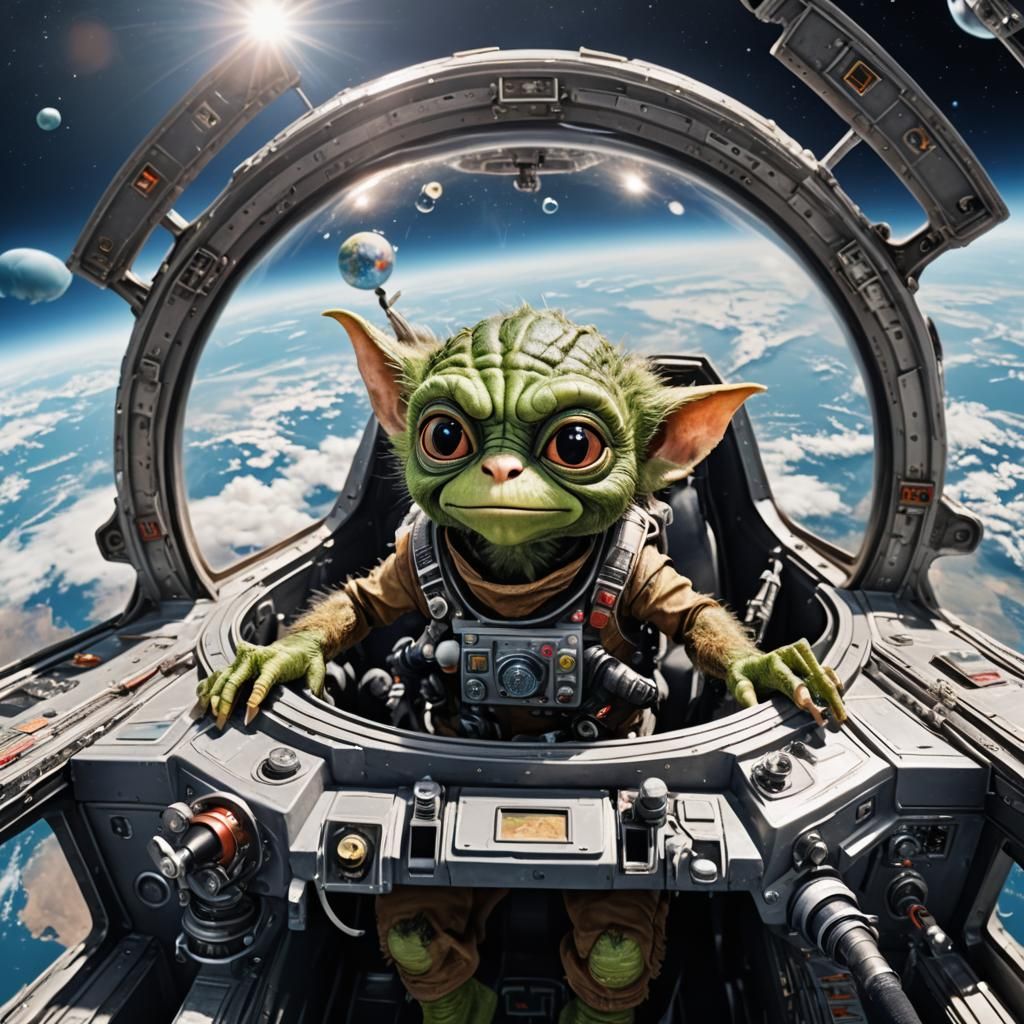 Gremlin Pilot Above Earth in Spaceship Cockpit