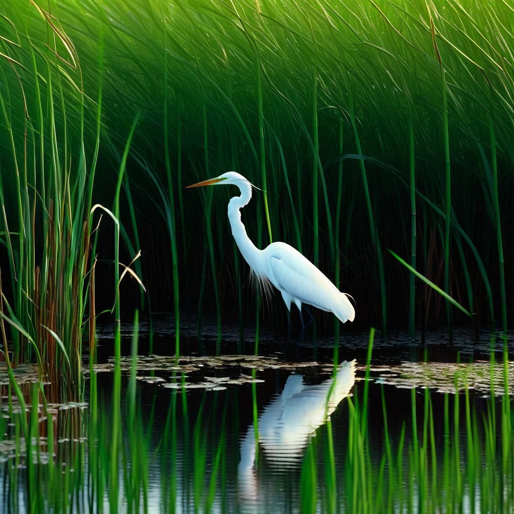 Great White Egret in Wetland, Digital Matte Painting