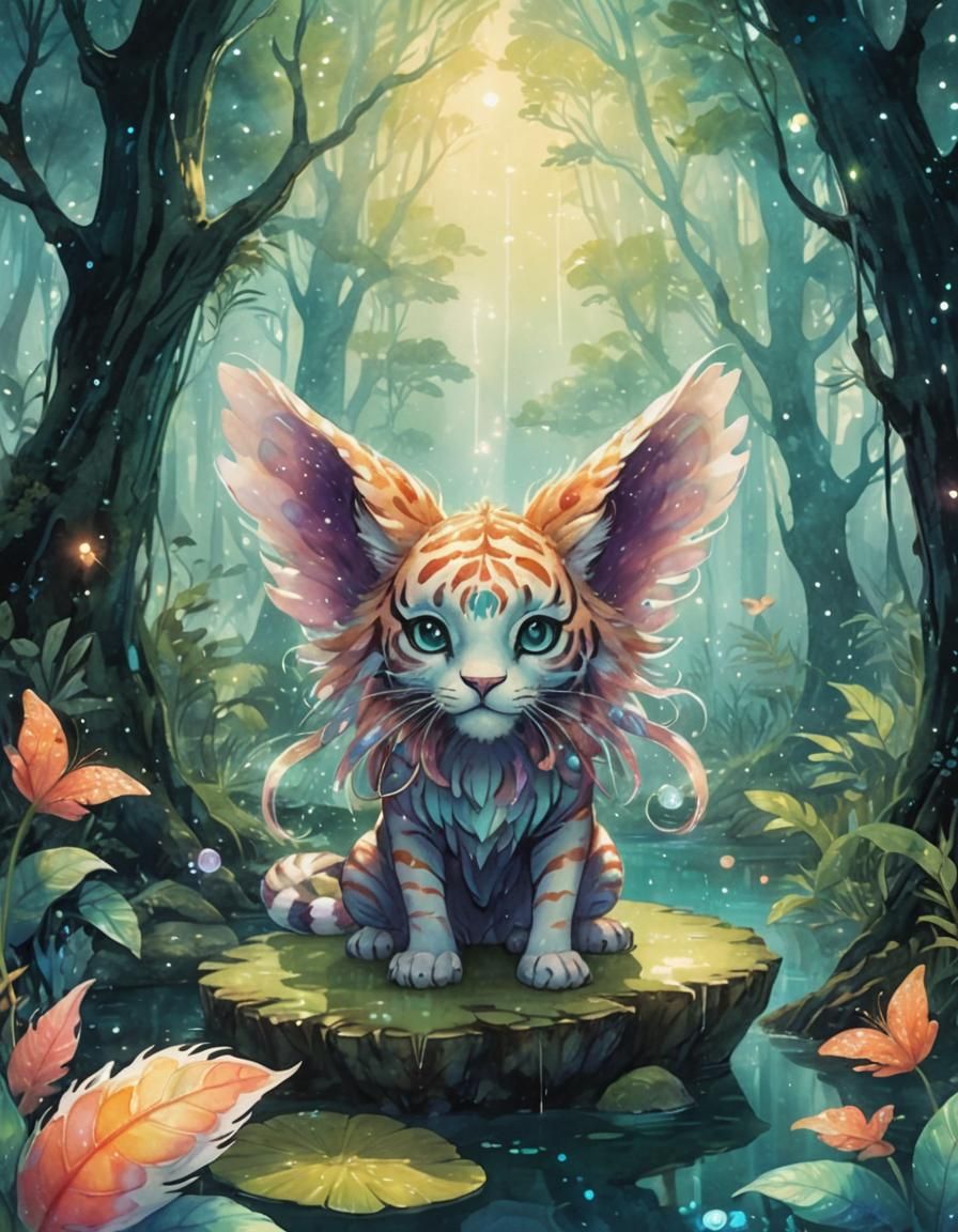 Enchanting Anime Water Spirit Stepping into a Bioluminescent...