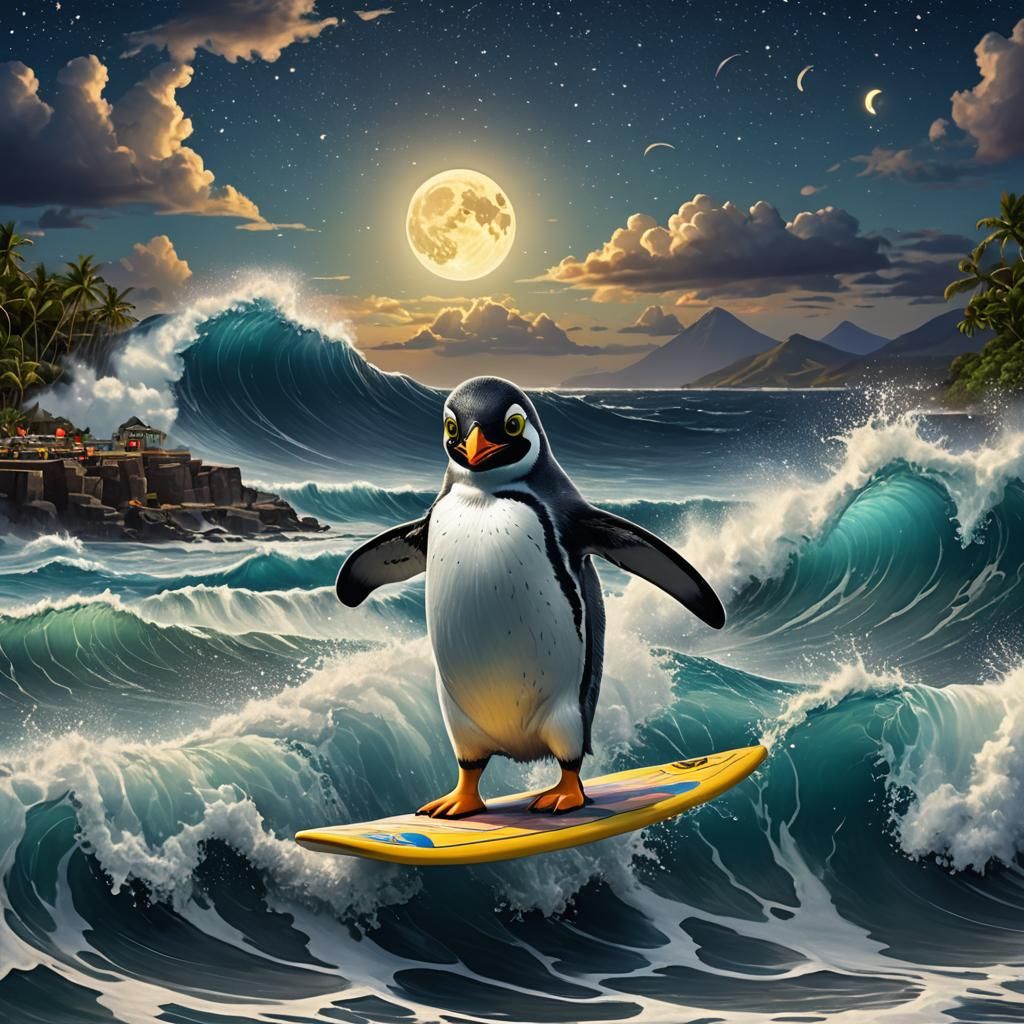 Penguin Surfing Wild Wave in Hawaii as Matte Painting