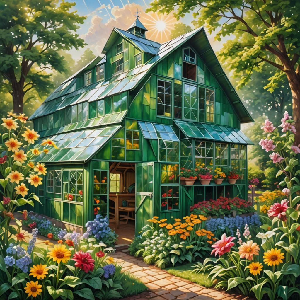 Barn-Shaped Greenhouse Filled with Flowers: Airbrush Art