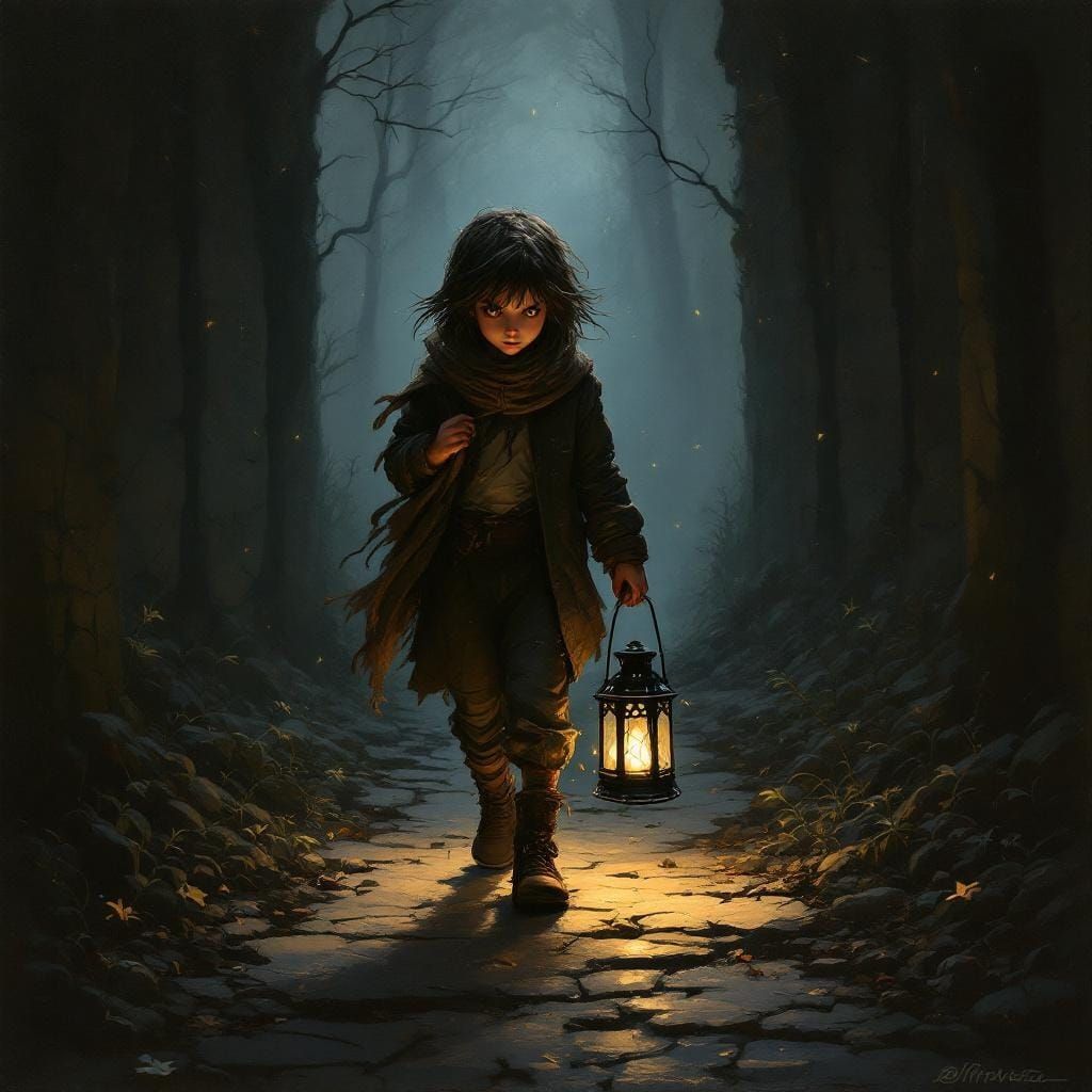Boy With Lantern in Dark Fantasy Forest
