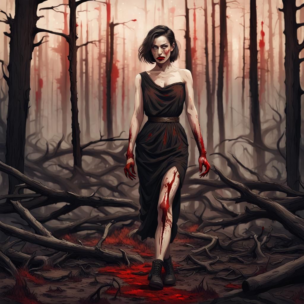 Smirking Woman Walks Through Burned Forest