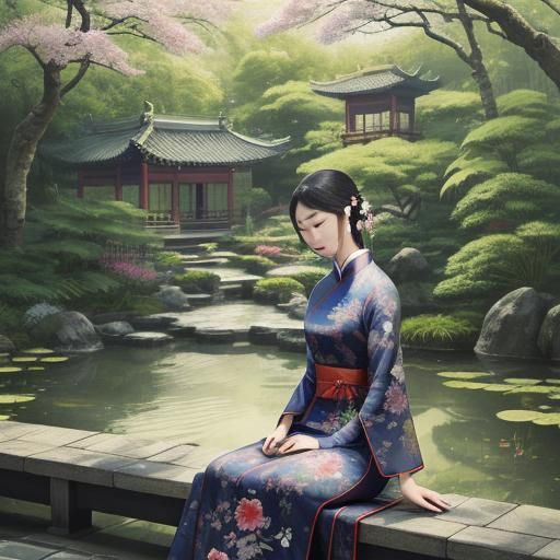 Serene Woman in a Traditional Chinese Garden