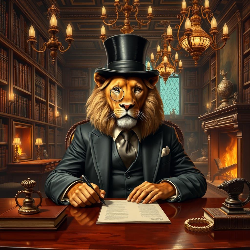 Regal Lion Gentleman in Steampunk Library Portrait