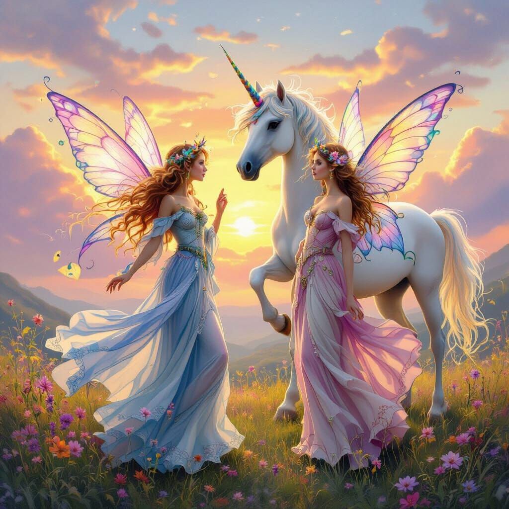 Fairies and Unicorns in Sunset Fantasy Art