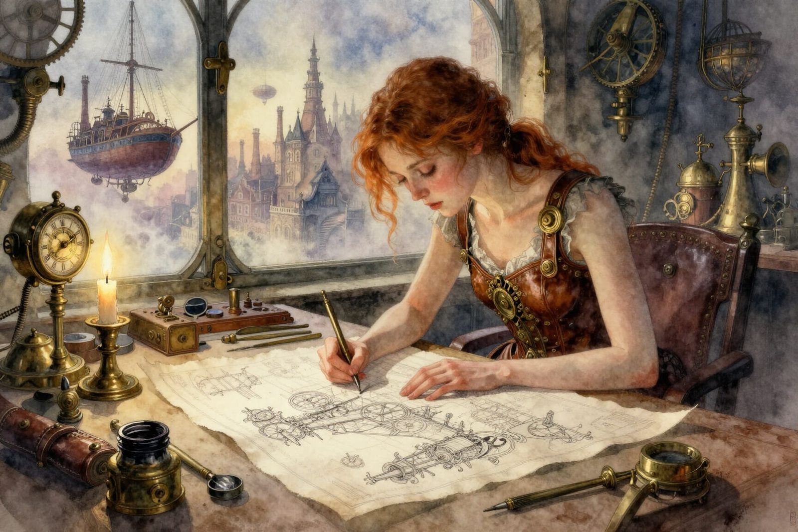 Steampunk Artist Designs Airship Blueprint in Candlelit Stud...