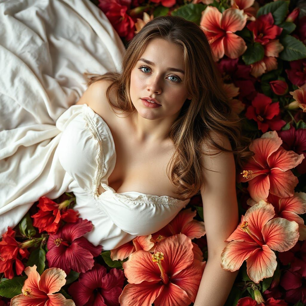 Woman on Hibiscus Flowers in Art Nouveau Style