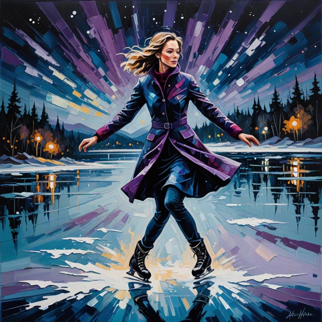 Abstract Expressionist Ice Skater Under Starry Sky