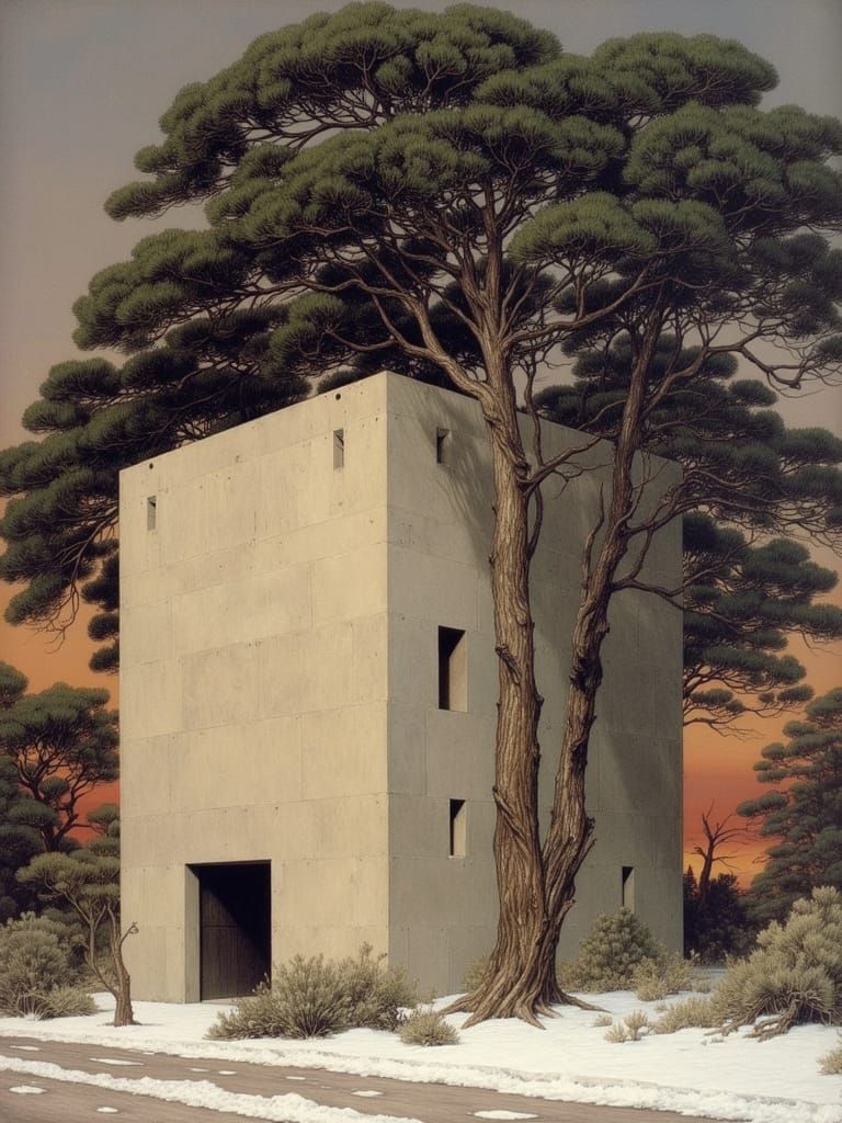 Neoclassical Concrete Building in Snowy Desert Grove