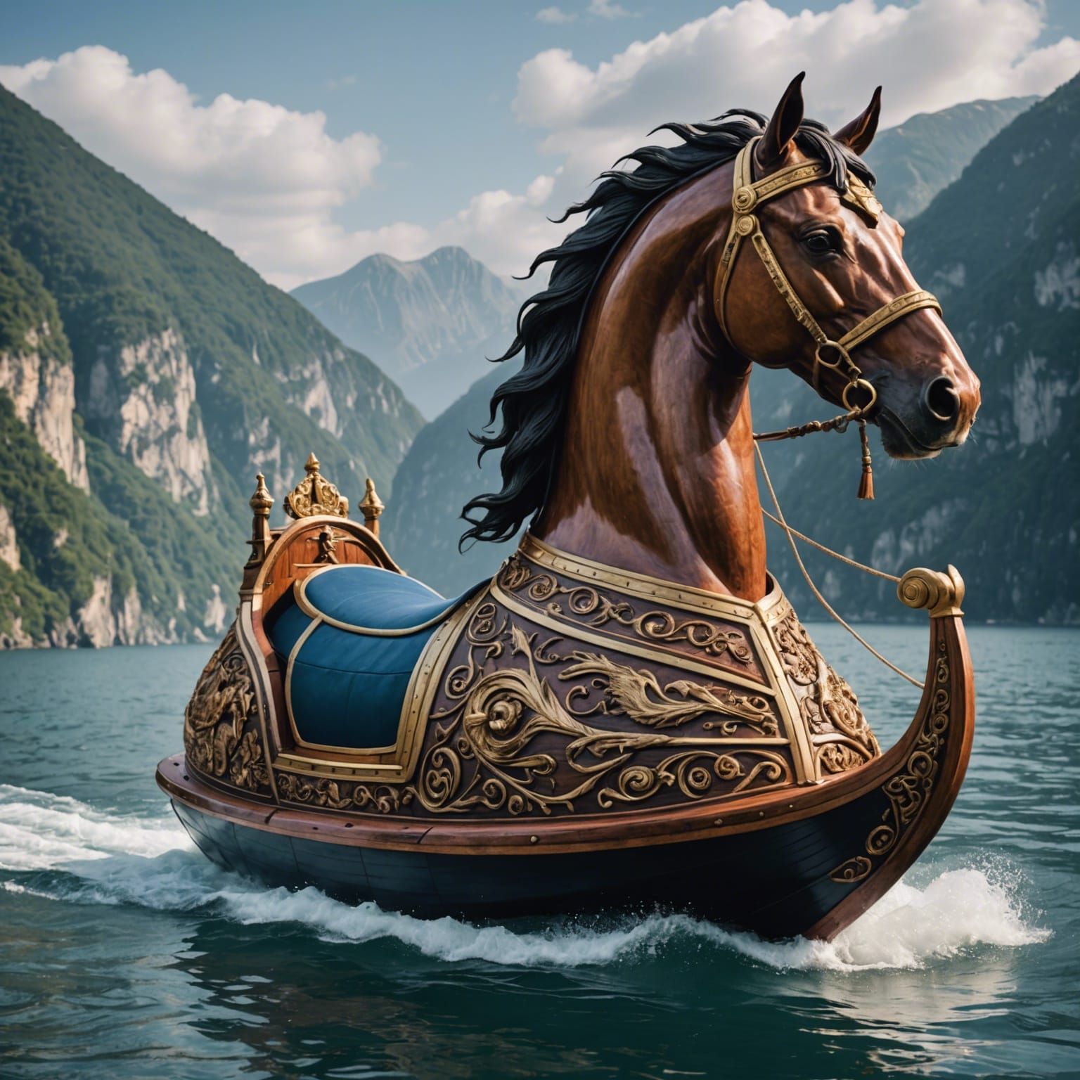Horse-Head Boat Sails on Water