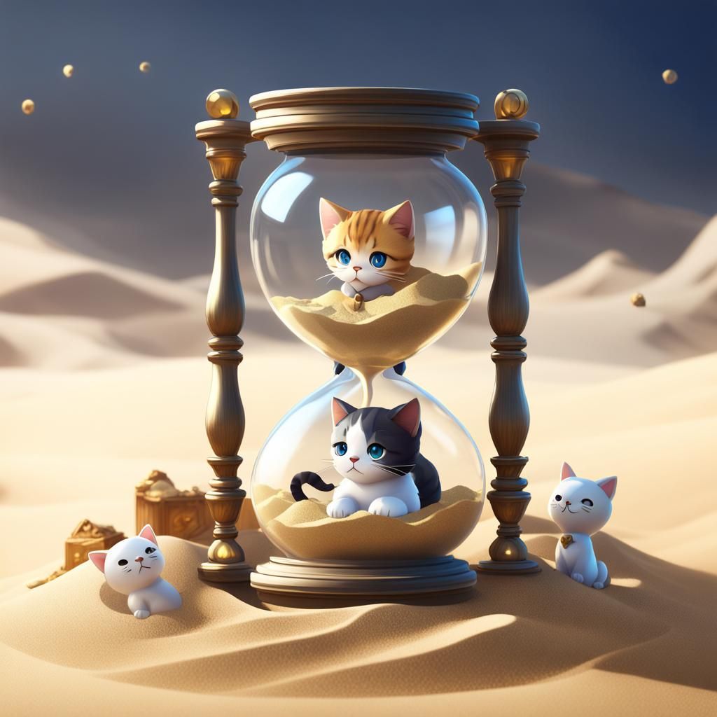 Hourglass with Cat: 3D Anime Art