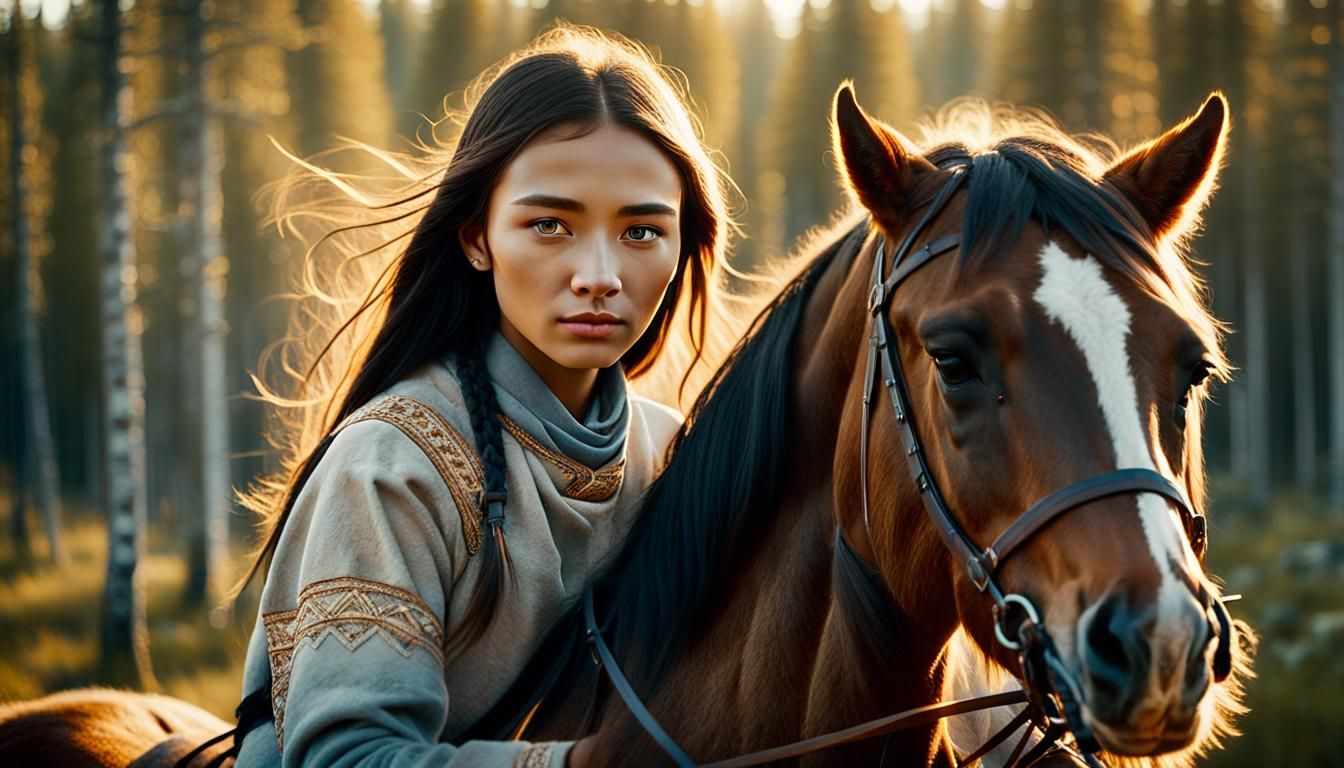 Portrait of a native Bachkiria girl 20 year with horse fon Ural Mountains
