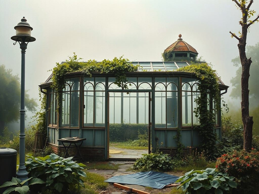 Misty Victorian Greenhouse in Impasto Style