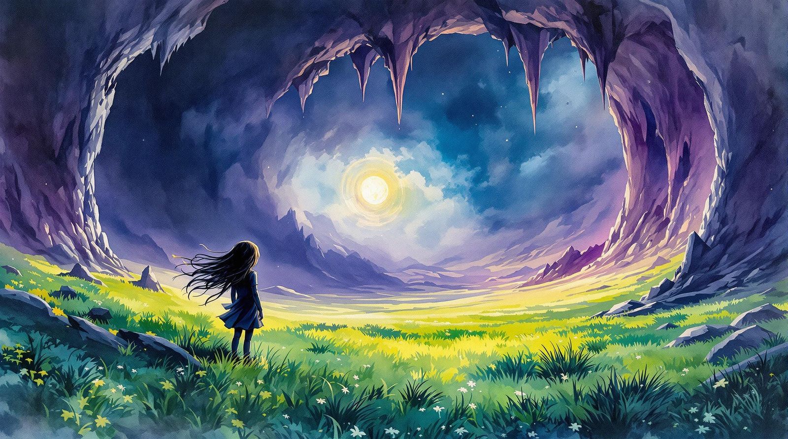 Child in Wasteland Gazing at Stormy Meadow