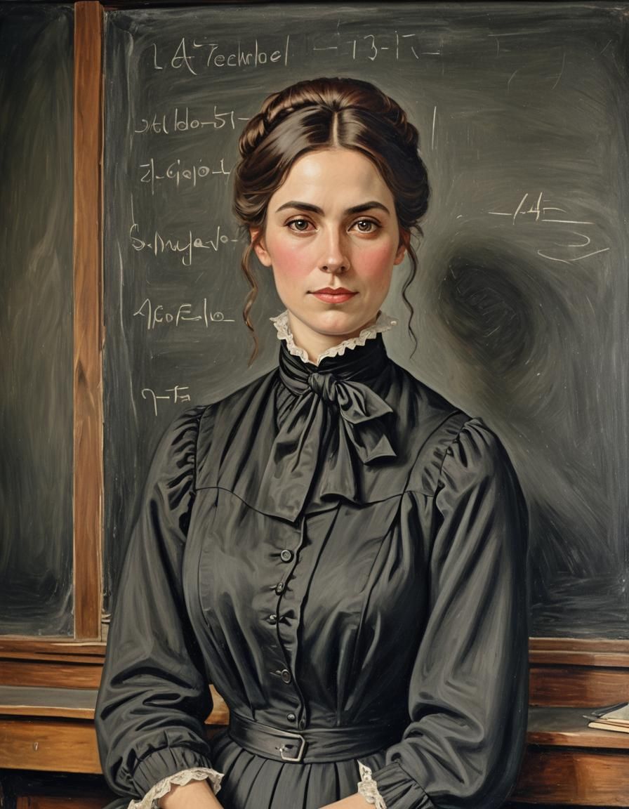 A beautiful young Victorian woman teacher in front of a blackboard in a one room schoolhouse, half body potrait, full co...