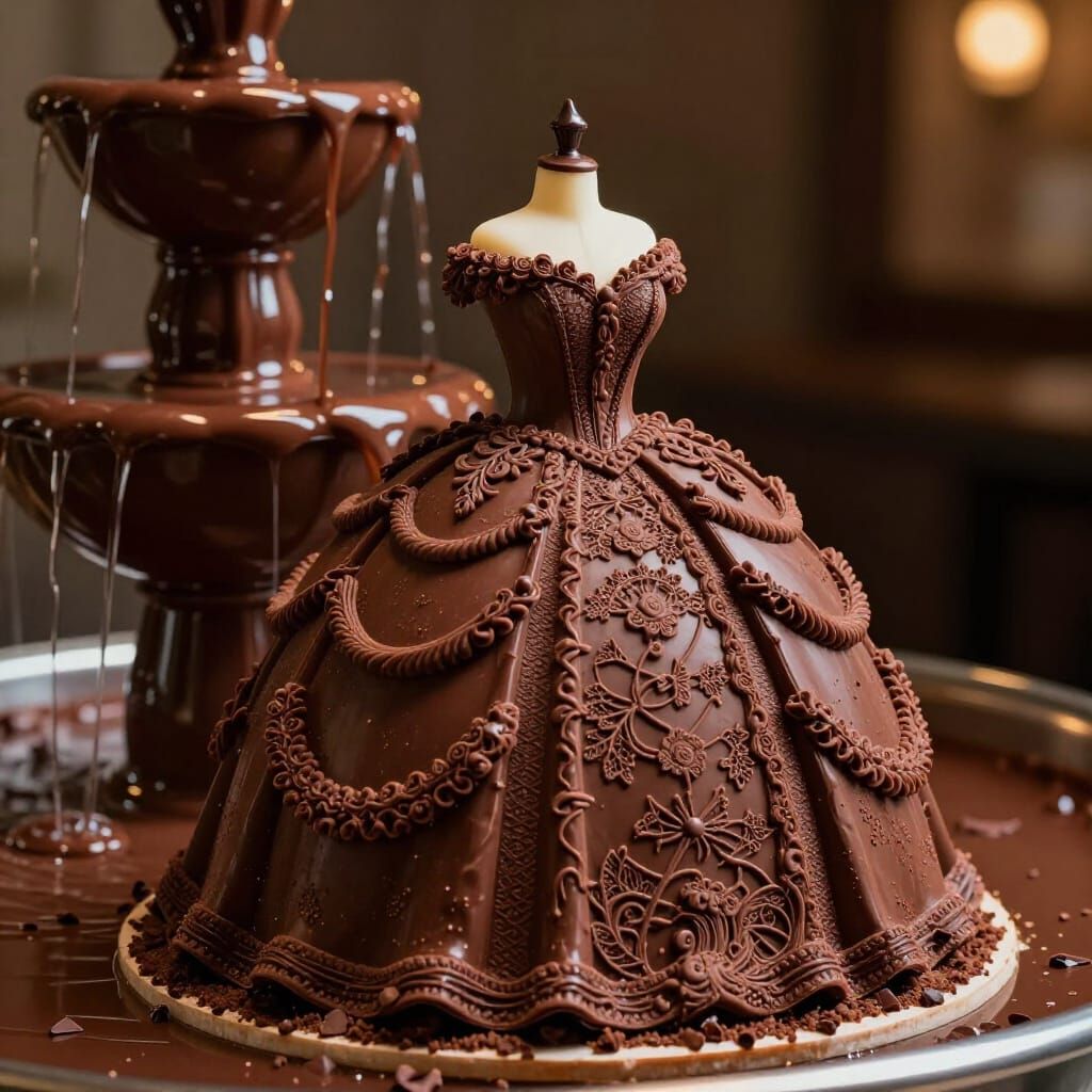 Elegant Chocolate Cake Ball Gown Beside Fountain
