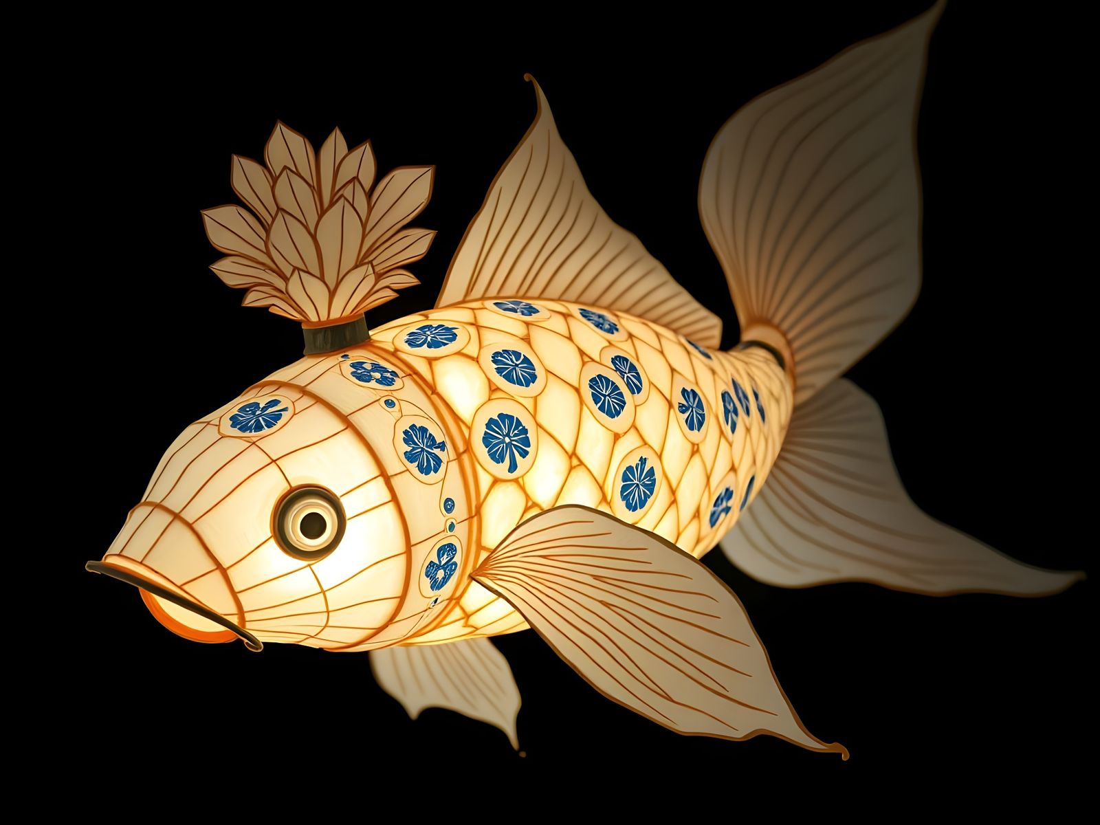 A hyper-realistic, large-scale koi fish lantern sculpture representing Macau, made entirely from translucent washi paper...