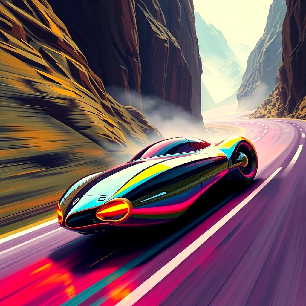 Bugatti Plasma-Rocket Races Through Postmodern Mountain Pass